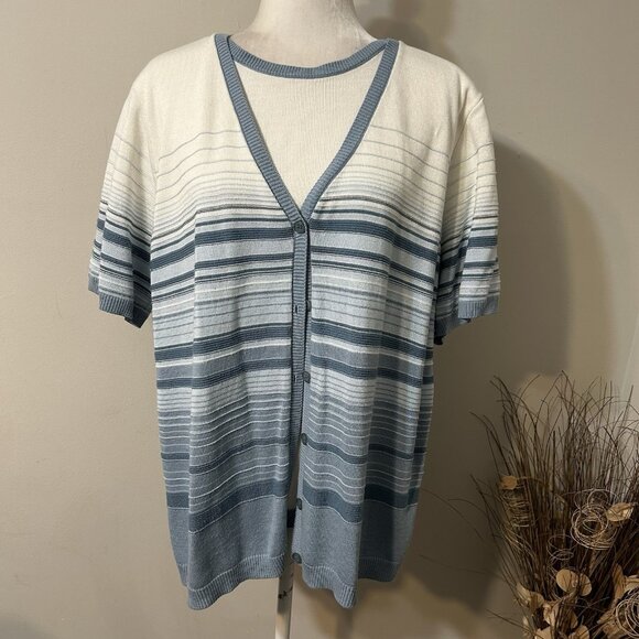 Alfred Dunner Women Sweater White Blue Striped Short Sleeve Layered Cardigan 2X - Picture 1 of 6